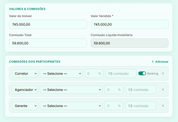Tela de cadastro de vendas do Imobifin com detalhes da negociação