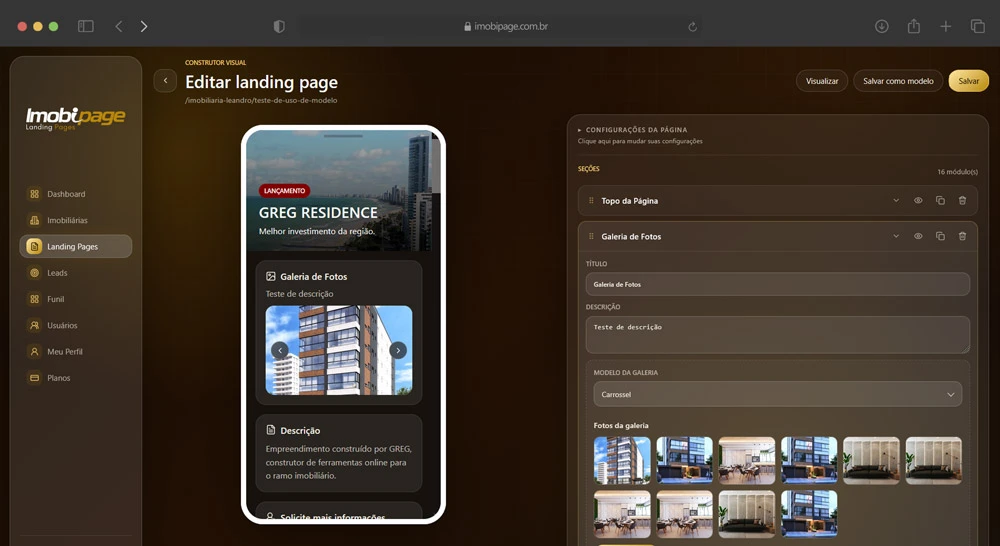 Construtor visual do Imobipage para criação de landing pages imobiliárias