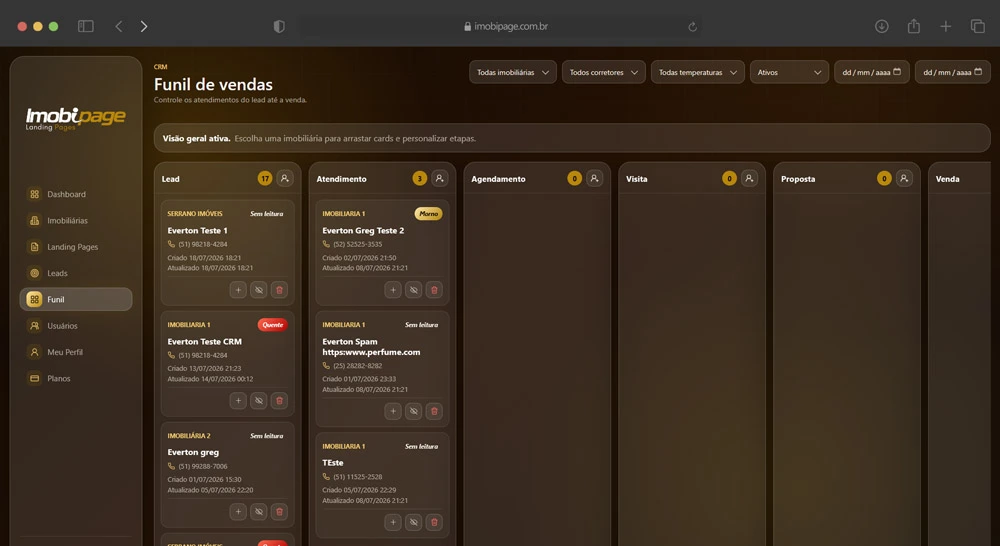 Funil de vendas integrado ao Imobipage com leads por etapa