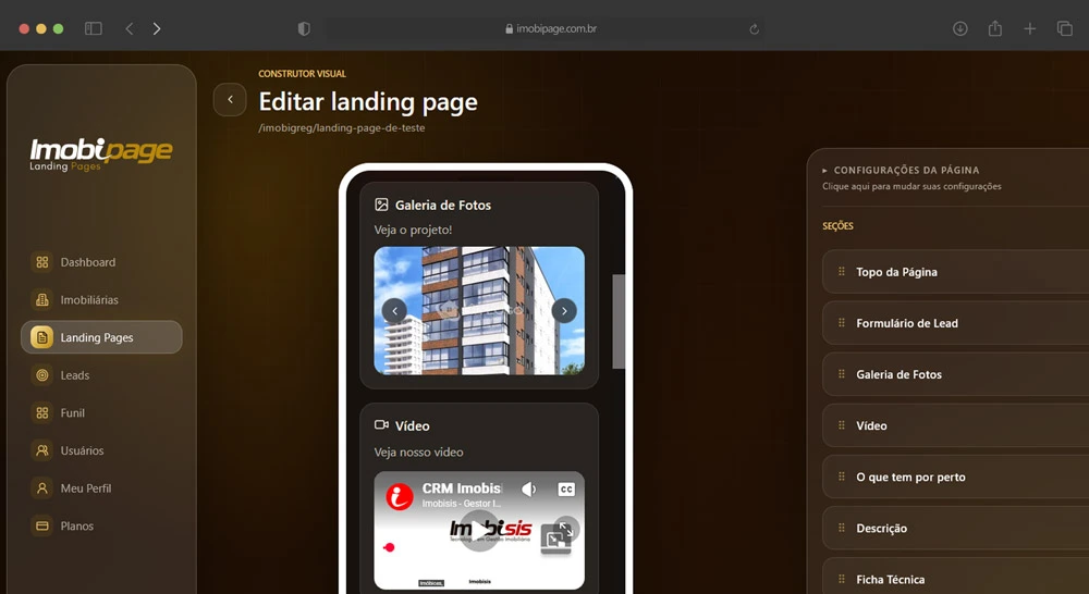 Galerias e conteúdos visuais em uma landing page imobiliária do Imobipage