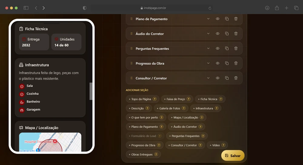 Landing page imobiliária com ficha técnica, mapa e informações completas do imóvel