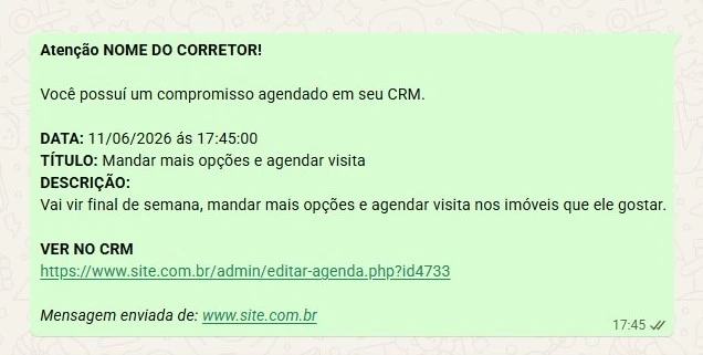 Lembrete enviado no WhatsApp do corretor pelo funil de vendas da Imobisis