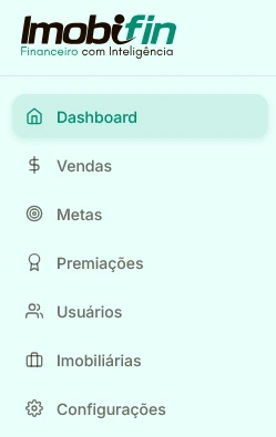 Menu lateral do Imobifin com atalhos de navegação
